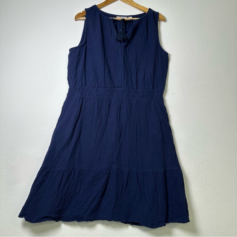 100% Cotton Navy Sleeveless Midi Dress/Swim Cover-Up With Pockets in Size L - Picture 2 of 11